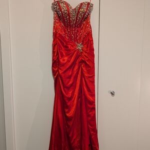 Red Strapless Embellished Evening Gown